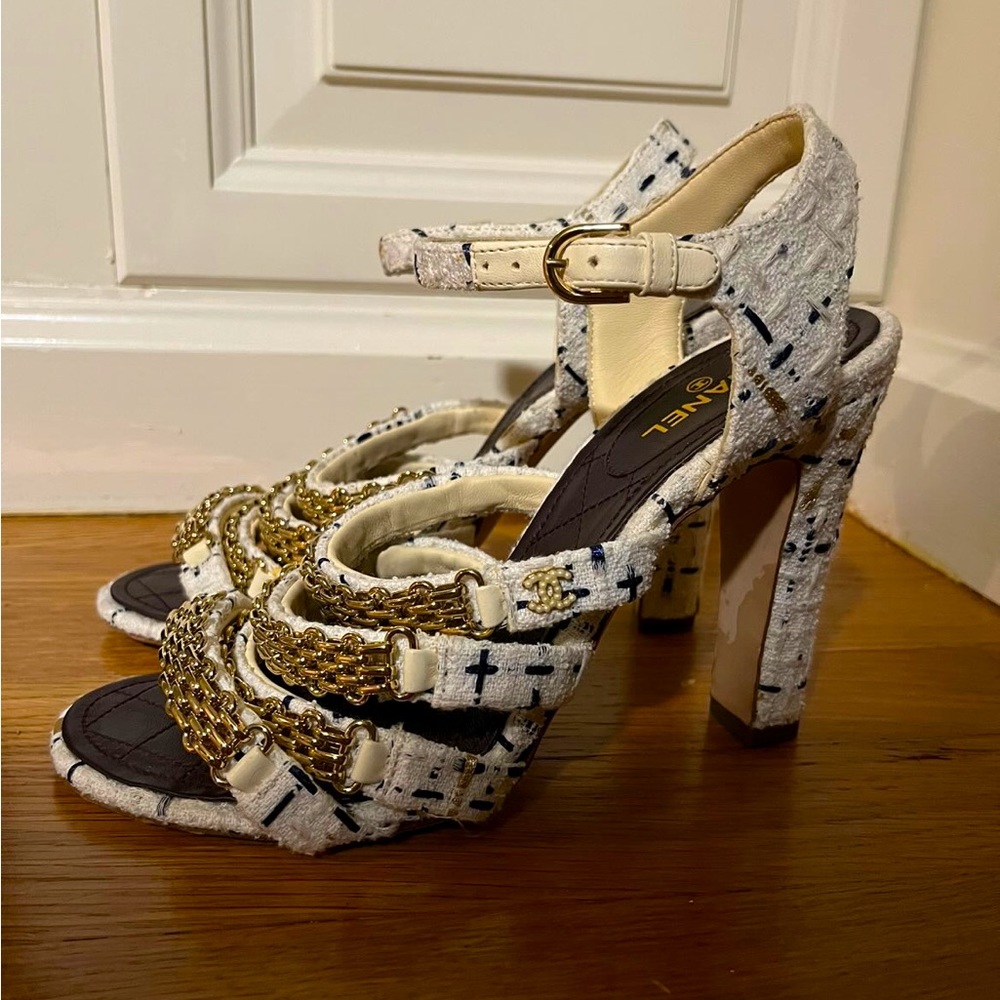 Chanel Pearl Logo White Tweed Multi Chain Strappy High Heels Sandals - Size 39